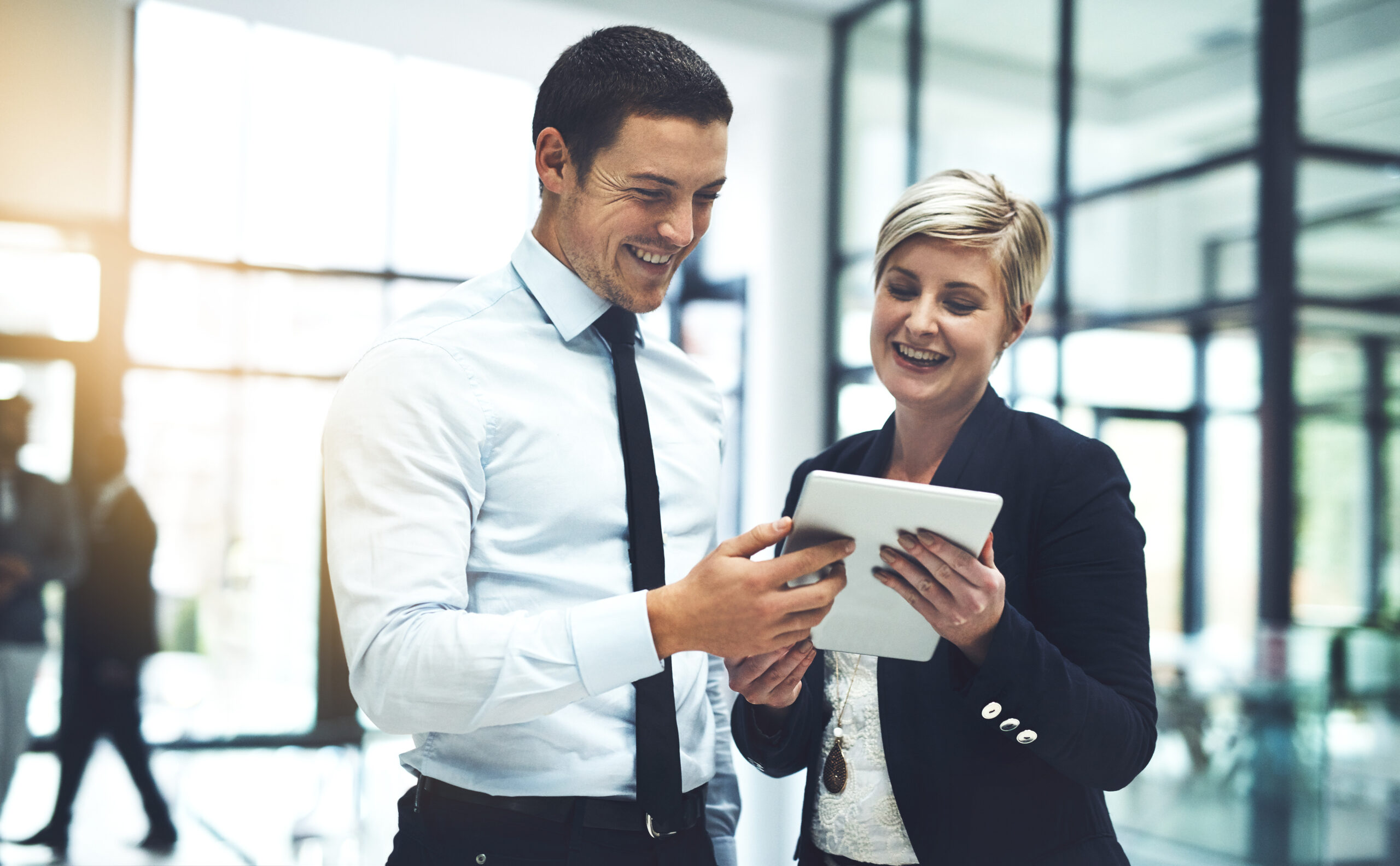 Business people, tablet and communication with collaboration, online and planning for project with tech. Research, office and lawyer admin with website update and company checking at law firm