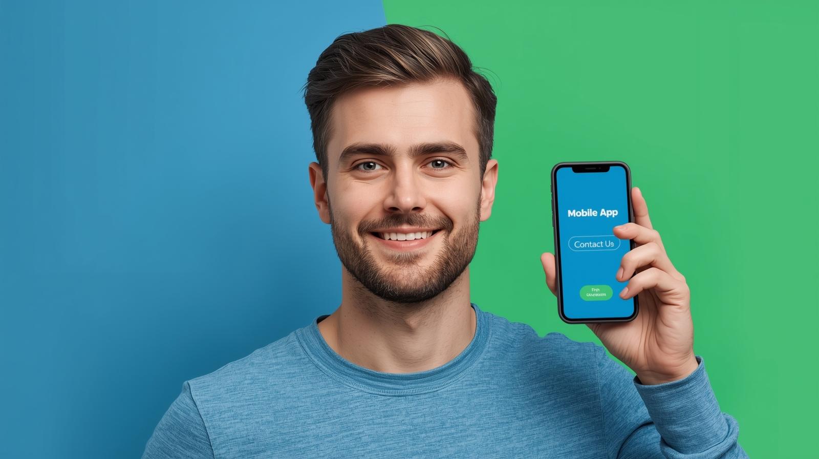 create image for medical insurance website , younger 30s male with small facial hair holding cell phone that says mobile app or contact us , colours Picton blue hex 33C4F2 and hex 5DD78E